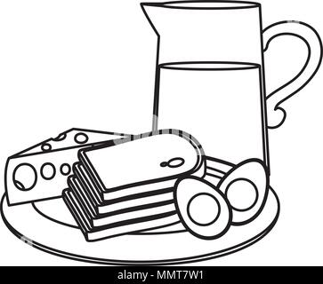 line fried eggs with bread and juice breakfast Stock Vector