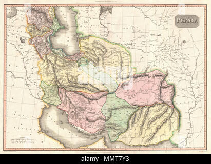 .  English: An exceptionally attractive example of John Pinkerton's rare 1811 map of Persia. Covers from the Black Sea in the northwest to Fergana in the northeast, to the Arabian Desert in the southwest to the Mouths of the Indus in the southeast. Roughly includes the modern day nations of Iraq, Iran, Afghanistan and Pakistan. We cannot praise Pinkerton's cartographic work sufficiently. This masterful map offers extraordinary detail, fine engraving, and delicate color work. Pinkerton emerged as one of the preeminent cartographers of a important transitional period wherein the decorative eleme Stock Photo