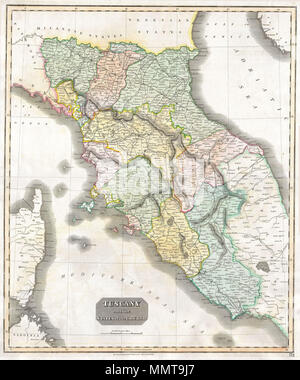 .  English: This fascinating hand colored 1814 map by Edinburgh cartographer John Thomson depicts Tuscany and the Papal States in Italy. Depicts most of Central Italy from the Duchy of Parma in the north to Gaeta in the south. Overall a spectacularly highly detailed map of this fascinating region. One of the finest maps of Tuscany to appear in the 19th century.  Tuscany and the States of the Church. 1814. 1814 Thomson Map of Tuscany (Florence), Italy - Geographicus - Tuscany-t-1814 Stock Photo