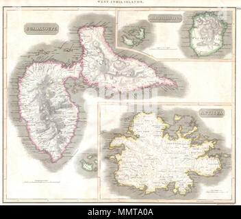 .  English: A fine hand colored 1815 map of the West India islands of Antigua, Guadeloupe and Marie Galante. Depicts the islands in considerable detail with attention to rivers, topography, towns and villages, and major port cities. Issued as chart number 65 in the 1814-1815 printing of John Thomson’s New General Atlas . Engraved by James Kirkwood of Edinburgh, Scotland. Français : Carte couleur finement dessinée à la main, en 1815, des îles antillaises de la Guadeloupe, de Marie-Galante et d'Antigua. Elle décrit ces îles de façon très détaillée, incluant les rivières et la topographie des vil Stock Photo