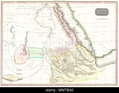 .  English: This fascinating hand colored 1818 map by Edinburgh cartographer John Pinkerton depicts Abyssinia, Sudan and Nubia. Covers from the Great Desert of Selima south to Donga and west through the “Dominons of a Princes called Ibbe”, Caffa (a Christian State), Bali and the Gulf of Aden. Covers the modern day regions of Ethiopia, Eritrea, Djibouti, and southern Egypt (Nubia). The whole offers beautiful and fascinating notations such as “The Supposed Ancient Island of Meroe”, inexplicable comments such as “Here the Portuguese found King David Encamped in the year 1520”, caravan routes and  Stock Photo