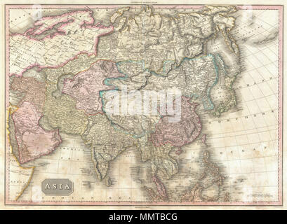 .  English: This is John Pinkerton's stunning 1818 map of Asia. Covers from the Mediterranean to the Aleutian Islands and from the Arctic to the Equator. This beautifully rendered map is truly a masterpiece of engraving, with mountain ranges, lakes, deserts, and rivers excited with such precision that the result appears almost three dimensional. Pinkerton injections astounding detail throughout with countless towns, cities, geographical features, rivers, islands and bodies of water noted. In desert regions fresh water sources are noted. In the seas certain shoals and undersea are included. In  Stock Photo