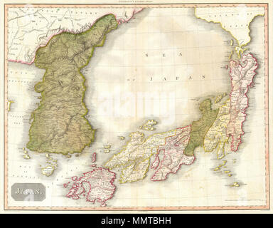 .  English: A masterpiece. This fascinating hand colored 1818 map by Edinburgh cartographer John Pinkerton depicts Korea (Corea) and Japan. A spectacular, highly detailed map of this fascinating region with spectacular engraving, practically leaps off the page. Possibly the finest British atlas map of Japan and Korea to appear in the 19th century. Drawn by L. Herbert and engraved by Samuel Neele under the direction of John Pinkerton. This map was issued in the scarce American edition of Pinkerton’s Modern Atlas, published by Thomas Dobson & Co. of Philadelphia in 1818.  Japan. 1818 (undated).  Stock Photo