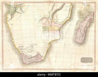 .  English: This fascinating hand colored 1818 map by Edinburgh cartographer John Pinkerton depicts Southern Africa. Covers Africa from Angola south to the Cape Colony (modern South Africa) and east to the Kingdom of Mongall (modern day Mozambique) and the island of Madagascar. Reflecting the somewhat limited knowledge of the African interior available to European cartographers of the period, only three areas are illustrated with any detail - the Congo, the Cape Colony (South Africa) and the former Kingdom of Monomotapa, which roughly overlaps modern day Mozambique. The Congo had been actively Stock Photo