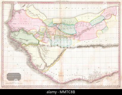 .  English: This fascinating hand colored 1818 map by Edinburgh cartographer John Pinkerton depicts Western Africa. Depicts Africa roughly from the Salve Coast and Gold coast west through the Ivory Coast, Guinea, the Gambia and north past Cape Verde as far as Senegal. Including numerous fascinating Tribal references such as the Kingdom of Brak, the residence of the King of Geba or Cabo, the Foulahs of Guinea, and the Maniana Cannibals, among others. Offers interesting inland detail along the Niger River as far east as Timbuktu (Tombuctoo). The continent is bisected by the dramatic and mythical Stock Photo