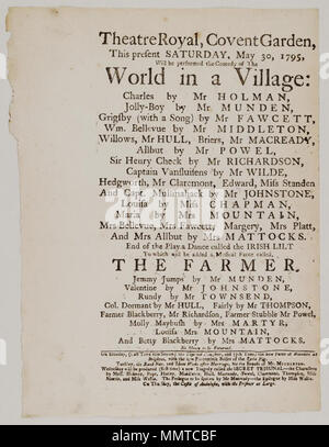 . Playbill of Covent Garden, Saturday, May 30, 1795, announcing The world in a village &c.; World in a village; Irish lilt; Farmer; Deserted daughter; Blunders at Brighton; Tythe pig; Bank note; Three weeks after marriage; Secret tribunal; Castle of Andalusia; Prisoner at large; [Playbill of Covent Garden, Saturday, May 30, 1795, announcing The world in a village &c.]  [Playbill of Covent Garden, Saturday, May 30, 1795, announcing The world in a village &c.]. 30 May 1795. Covent Garden Theatre [author] Bodleian Libraries, Playbill of Covent Garden, Saturday, May 30, 1795, announcing The world 