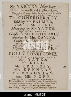. Playbill of Drury Lane Theatre, Saturday, being the 16th of May [1760], announcing The confederacy &c. for the benefit of Mr. Varney; 1760. Has ticks in pencil against Mrs. Pritchard, Mrs. Clive and Mrs. Bradshaw; Confederacy; Polly Honeycomb; Double gallant; Love a-la-mode; Jealous wife; Harlequin's invasion; [Playbill of Drury Lane Theatre, Saturday, being the 16th of May [1760], announcing The confederacy &c.]  [Playbill of Drury Lane Theatre, Saturday, being the 16th of May [1760], announcing The confederacy &c.]. 16 May 1760. Drury Lane Theatre [author] Bodleian Libraries, Playbill of D