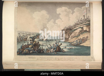 . Satire on the fear of French invasion, 1794-1805. (British political cartoon); British soldiers repel a French invasion force from a clifftop fortification.  Rehearsal of a French invasion as performed before the invalids at the island's of St. Marcou, on the morning of ye 7 of May, 1798. [1798-05-18]. Bodleian Libraries, Rehearsal of a French invasion as performed before the invalids at the island's of St Marcou, on the morning of ye 7 of Stock Photo