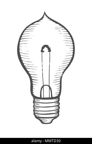 Glowing light incandescent bulb. Vector vintage black engraving illustration on white background Stock Vector