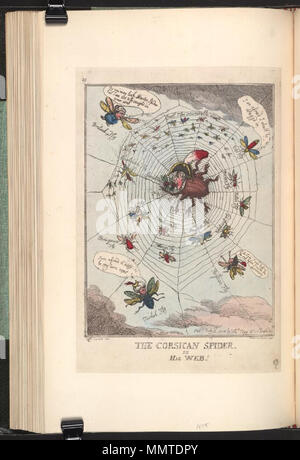 . Caricature of Napoleon I. (British political cartoon); Napoleon is a spider, labelled Unbounded Ambition, swallowing flies caught in his web, the countries of Europe. Only Britain, Turkey, Russia and the Pope remain partly free.; Publisher's number: 49  The Corsican spider in his web!. 12 July 1808. Bodleian Libraries, The Corsican spider in his web