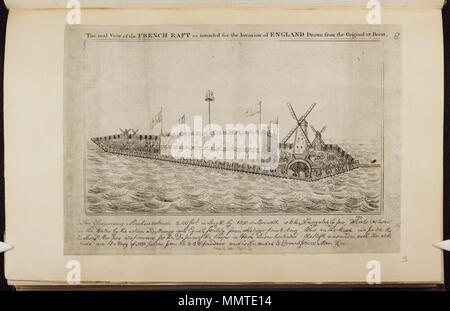 . Depiction of French craft for the proposed invasion of England. (British political cartoon); Perspective view of a French raft designed for the invasion of England; Not in BMC  The real view of the French raft as intended for the invasion of England. Drawn from the original at Brest.. 1 February 1798. Bodleian Libraries, The real view of the French raft as intended for the invasion of England Drawn from the original at Brest