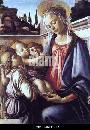 English: Madonna and Child and Two Angels . circa 1470. Botticelli - Madonna and Child and Two Angels (c. 1470) Stock Photo