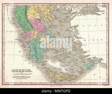 .  English: A beautiful example of Finley's important 1827 map of Greece. Depicts from Macedonia to Greece and includes many of the Greek Islands. Shows cities, river ways, roads, monasteries, and some topographical features. Offers color coding at the regional level. Title and scale in lower left quadrant. Engraved by Young and Delleker for the 1827 edition of Anthony Finley's General Atlas .  Greece.. 1827 (undated). 1827 Finely Map of Greece - Geographicus - Greece-finley-1827 Stock Photo