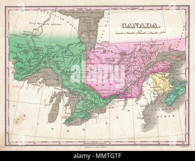 .  English: This is Finley’s desirable 1827 map of Canada. Covers the Upper Canada (Ontario) and Lower Canada (Quebec), New Brunswick, Nova Scotia, and all five of the Great Lakes. Names numerous American Indian Nations throughout. Also identifies the Three Rivers or Trois-Rivières is also noted. Three Rivers was a primarily French administrative region in Quebec established in the 18th century. Mile scale and title in the upper right quadrant. Engraved by Young and Delleker for the 1827 edition of Anthony Finley's General Atlas .  Canada.. 1827 (undated). 1827 Finley Map of Canada (Ontario, Q Stock Photo