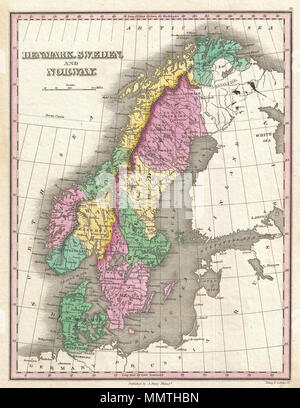 .  English: A beautiful example of Finley's important 1827 map of Scandinavia. Covers Norway, Denmark and Sweden. In Finley's classic minimalist style, this map identifies cities, forests, river systems, swamps and canals. Notes the legendary and semi-mythical whirlpool known as the Maelstrom (Mahl Strom) in northwestern Norway. Color coded according to regional political boundaries. Title and scale in upper left quadrant. Engraved by Young and Delleker for the 1827 edition of Anthony Finley's General Atlas .  Denmark, Sweden, and Norway.. 1827 (undated). 1827 Finley Map of Scandinavia, Norway Stock Photo