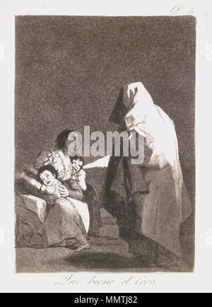 . Part of the series Los Caprichos, a set of 80 aquatint prints created by the Spanish artist Francisco Jose de Goya in 1797 and 1798, and published as an album in 1799, no. 3.   Spanish: Que viene el Coco Here Comes the Bogey-Man. between 1797 and 1798. Brooklyn Museum - Here Comes the Bogey-Man (Que viene el Coco) - Francisco de Goya y Lucientes Stock Photo