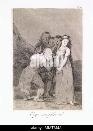 . Part of the series Los Caprichos, a set of 80 aquatint prints created by the Spanish artist Francisco Jose de Goya in 1797 and 1798, and published as an album in 1799, no. 14.   Spanish: Que sacrificio! What a Sacrifice!. between 1797 and 1798. Brooklyn Museum - What a Sacrifice (Que sacrificio) - Francisco de Goya y Lucientes Stock Photo