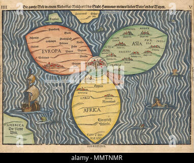 . Stylized world map in the shape of a clover-leaf (the three classical continents of Europe, Asia, Africa), with Jerusalem at the center, with additional indication of Great Britain, Scandinavia and America / the New World. Page 4f. of Die eigentliche und warhafftige gestalt der Erden und des Meers (1581), printed in Magdeburg.  Deutsch: Die gantze Welt in einem Kleberblat / Welches ist der Stadt Hannover meines lieben Vaterlandes Wapen 'The entire world in the shape of a clover-leaf, which is the emblem of the city of Hannover, my beloved homeland' . 1581. 1581 Bunting clover leaf map Stock Photo