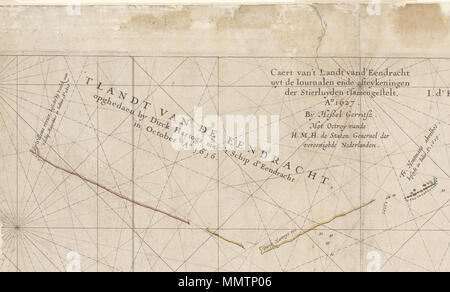 . English: This is an image showing detail of the National Library of Australia's copy of Hessel Gerritsz' 1627 map of the north west coast of Australia entitled 'Caert van't Landt van d'Eendracht'. This detail shows features labelled 'T Landt van de Eendracht, opghedaen by Dirck Hartogs met 't Schip d'Eendracht in October A° 1616' ('The Land of Eendracht', discovered by Dirk Hartog of the Eendracht in October 1616').  . 1627. Hessel Gerritsz, also written 'Hessel Gerritszoon'. Caert van't Landt van d'Eendracht (detail showing Eendrachtsland) Stock Photo