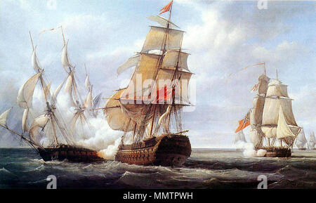 .  English: Fight of the British Third Rate 74-gun ship-of-the-line HMS Tremendous (in a foreground) and HMS Hindostan against the French frigate Cannonière, 21 April 1806. Français : Le combat de la frégate française La Canonnière contre le vaisseau anglais Tremendous et le Hindostan, 21 avril 1806.  . 1832.   Pierre-Julien Gilbert  (1783–1860)    Alternative names Pierre Julien Gilbert  Description French painter  Date of birth/death 15 March 1783 21 September 1860  Location of birth Brest  Authority control  : Q3383240 VIAF:?12578905 ISNI:?0000 0000 6660 4481 ULAN:?500040891 LCCN:?no2015139 Stock Photo