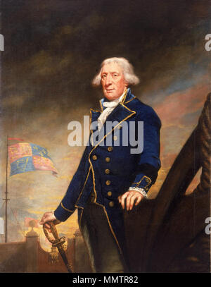 .  English: A three-quarter-length to left portrait of Saxton wearing a blue coat with silver edging, and breeches, probably his uniform as commissioner. His left hand is on an anchor fluke, while his right rests on a dress sword. He wears his own white hair. In the left background are the main gates of Portsmouth dockyard, where Saxton was commissioner from 1789 until 1806. The royal standard on a staff commemorates a visit by King George III.  Captain Charles Saxton, 1732-1808.. circa 1794-95. Captain Charles Saxton Stock Photo
