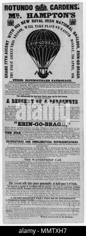 . English: Rotundo [i.e. Rotunda] Gardens. Mr. Hampton's grand 77th ascent with his new royal Irish national balloon, Erin-Go-Bragh the first ascent this season, will take place on Easter Monday, 24th April, 1848 Poster advertisement for a parachute jump by aeronaut John Hampton on 24 April 1848 from 'The Irish National Balloon, Erin Go Bragh' at the Rotunda Gardens, Dublin. Hampton made two earlier balloon flights in Ireland on 5 September 1846. The poster boasts incorrectly that Hampton was the first parachutist, but he was preceded by Louis-Sébastien Lenormand in 1783, and others. Erin Go B Stock Photo