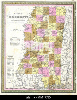 .  English: This hand colored map is a copper plate engraving, dating to 1849 by the legendary American Mapmaker S.A. Mitchell, the elder. It represents Mississippi. This historically important map is extremely rare as it existed only in the 1849 edition of the Mitchell’s Universal Atlas. This map also contains notes on steamboat routes to New Orleans and to Pittsburg.  A New Map of Mississippi with its Roads & Distances. 1849. 1849 Cowperthwait - Mitchell Map of Mississippi - Geographicus - MS-m-49 Stock Photo