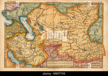 . English: Carte de la Perse, de la Georgie, et de la Tartarie Independante. Par M. Bonne, Ingenr. Hydrographe de la Marine. Paris, M. Bonne 1780-88 [21,3 x 32,3 cm] Copper engraving, hand colored in outline and wash. Decorative and interesting map of Persia, Georgia, Caspian Sea and parts of Tartary. Interesting and decorative antique map of Russia covering the area from the Caspian Sea across the Aral Sea with parts of Kazakhstan. Engraved place names, rivers, lakes and mountains.  . between 1780 and 1788. M. Bonne Central Asia. Paris, M. Bonne 1780-88 Stock Photo