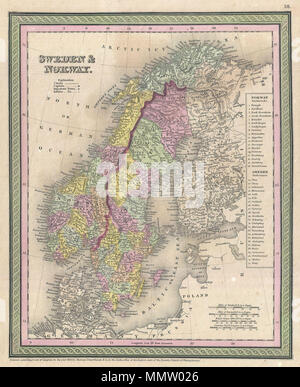 .  English: A beautiful example of S. A. Mitchell senior's 1850 map of Scandinavia, including Sweden, Norway, Denmark and Finland. Map shows Scandinavia in full with color coding according to region. A table to the right of the map details various districts and prefectures. In addition to towns, cities, rivers, and provinces, Mitchell also identifies an assortment of additional geographical and topographical details. Notes the legendary and semi-mythical whirlpool known as the Maelstrom (Mahl Strom) in northwestern Norway. Published S. A. Mitchell Sr. as page numbers 56 in the 1850 edition of  Stock Photo