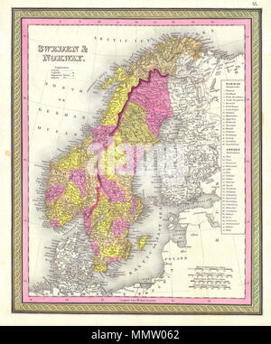.  English: This scarce hand colored map is a lithographic engraving of Norway and Sweden, dating to 1846 by the legendary American Mapmaker S.A. Mitchell, the elder. Depicts Scandinavia in full from the Arctic to Denmark. Includes Finland. Chart of governing districts on the left side.  Sweden & Norway... 1850. 1850 Mitchell Map of Sweden and Norway - Geographicus - SwedenNorway-m-50 Stock Photo