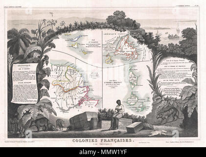.  English: This is an 1852 Levasseur map of the French Colonies in America, including French Guyana, Newfoundland (not a French colony in 1852, still a British colonish and not then part of Canada), Miquelon and St. Pierre, and St. Martin. Miquelon and St. Pierre are located near Newfoundland, St. Martin is an resort island in the Lesser Antilles near Porto Rico, and French Guyana is part of mainland South America. All three colonies are still administered by France. The map proper is surrounded by elaborate decorative engravings designed to illustrate both the natural beauty and trade richne Stock Photo