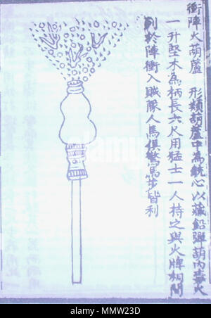 . An illustration of an ampulliform Chinese fire-lance with a gunpowder charge shooting a blast of flame with lead pellets as coviative projectiles. The weapon was called the 'phalanx-charging fire-gourd' ('chong zhen huo hu-lu'). This illustration is from the Huolongjing, a 14th century military treatise compiled by Liu Ji and Jiao Yu, with the preface added in the year 1412. This illustration also appears on page 238 of Joseph Needham's book Science and Civilization in China: Volume 5, Part 7.  . 11 August 2007. PericlesofAthens Chinese Fire Lance with Pellets Stock Photo