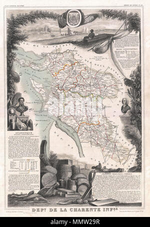 .  English: This is a fascinating 1852 map of the French department of Charente Inférieure (Charente Maritime), France. Charente Maritime is a coastal province border Charente, Dordogne, and Gironde (Bordeaux). It is best known as the producer of the world's finest Cognacs. The map proper is surrounded by elaborate decorative engravings designed to illustrate both the natural beauty and trade richness of the land. There is a short textual history of the regions depicted on both the left and right sides of the map. Published by V. Levasseur in the 1852 edition of his Atlas National de la France Stock Photo