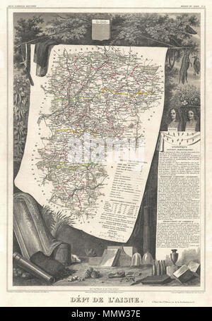 .  English: This is a fascinating 1857 map of the French department of l'Aisne, France. The whole is surrounded by elaborate decorative engravings designed to illustrate both the natural beauty and trade richness of the land. There is a short textual history of the regions depicted on both the right side of the map. Published by V. Levasseur in the 1852 edition of his Atlas National de la France Illustree.  Dept. De L'Aisne.. 1852 (undated). 1852 Levasseur Map of the Department L'Aisne, France - Geographicus - Aisne-levasseur-1852 Stock Photo