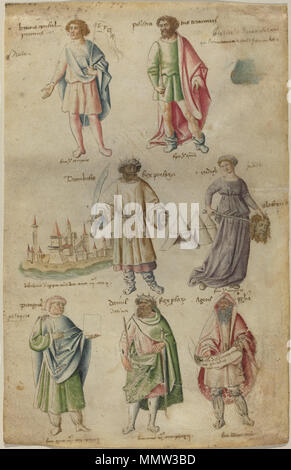 .  English: Brutus, Peisistratus, Cambyses, King of Persia and a View of Babylon, Judith with the Head of Holofernes, Pythagoras, King Darius and the Prophet Haggai �������ç������ : Brutus, Pisistrate, Cambyse Ier roi de Perse et une vue de Babylone, Judith avec la tête d'Holopherne, Pythagore, le roi Darius et le prophète Aggée.  Drawing; pen and brown ink with watercolor, heightened with white, on vellum; overall: 31.4 x 20.1 cm (12 3/8 x 7 15/16 in.); Chronique Cockerell 8v - NationalGalleryofArt Washington Stock Photo