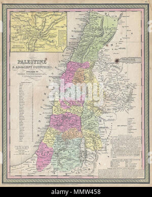 .  English: An extremely attractive example of S. A. Mitchell Sr.’s 1853 map of Palestine, Israel or the Holy Land. Depicts the entire region in considerable detail. When this map was made Palestine or Israel was under the control of the Ottoman Empire. Ottoman provinces are color coded and numbered. An inset map in the upper left quadrant shows the environs of Jerusalem. Text in the lower right hand quadrant offers remarks on the Dead Sea and the River Jordan. Surrounded by the green border common to Mitchell maps from the 1850s. Prepared by S. A. Mitchell for issued as plate no. 67 in the 18 Stock Photo