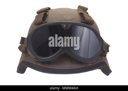 kevlar helmet with camouflage cover and protective goggles Stock Photo