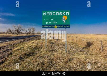 Welcome to the State of Nebraska - Roadsign Stock Photo