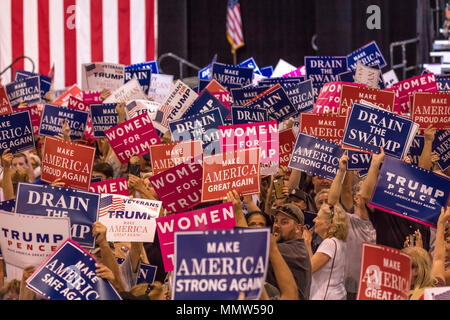 AUGUST 22, 2017, PHOENIX, AZ   U.S. Crowds hold signs for President Donald J. Trump at the Phoenix Convention Center Stock Photo