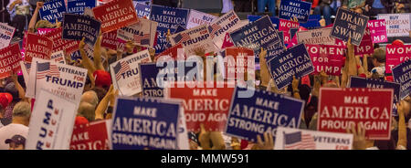 AUGUST 22, 2017, PHOENIX, AZ   U.S. Crowds hold signs for President Donald J. Trump at the Phoenix Convention Center Stock Photo