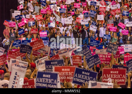 AUGUST 22, 2017, PHOENIX, AZ   U.S. Crowds hold signs for President Donald J. Trump at the Phoenix Convention Center Stock Photo