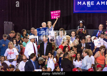 AUGUST 22, 2017, PHOENIX, AZ   U.S. Crowds hold signs for President Donald J. Trump at the Phoenix Convention Center Stock Photo