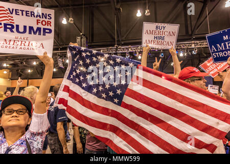 AUGUST 22, 2017, PHOENIX, AZ   U.S. Crowds hold signs for President Donald J. Trump at the Phoenix Convention Center during a Trump rally Stock Photo