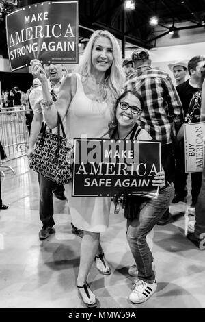 AUGUST 22, 2017, PHOENIX, AZ   U.S. Crowds hold signs for President Donald J. Trump at the Phoenix Convention Center during a Trump rally Stock Photo