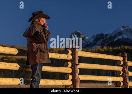 OCT 4, 2017, RIDGWAY COLORADO - Cowboy, Howard Linscott looks out over historic Last Dollar Ranch on Hastings Mesa, SW Colorado, San Juan Mountains Stock Photo