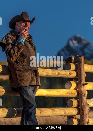 OCT 4, 2017, RIDGWAY COLORADO - Cowboy, Howard Linscott looks out over historic Last Dollar Ranch on Hastings Mesa, SW Colorado, San Juan Mountains Stock Photo