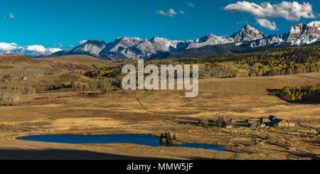 OCTOBER 4, 2017 - Historic Last Dollar Ranch owned by Rod Lewis nestled under view of Mount Sneffels and San Juan Mountains in Autumn