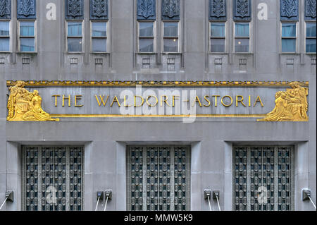 New York City - April 14, 2018: World Renowned Waldorf Astoria is considered one of the first grand hotels and a landmark since 1993 in Manhattan, New Stock Photo