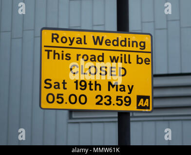 WINDSOR UK - MAY 10, 2018: Royal Wedding road closed sign Stock Photo