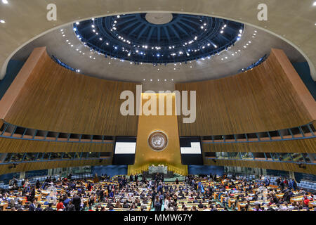 New York City - February 14, 2018: United Nations General Assembly Hall in Manhattan, New York City. The General Assembly Hall is the largest room in  Stock Photo